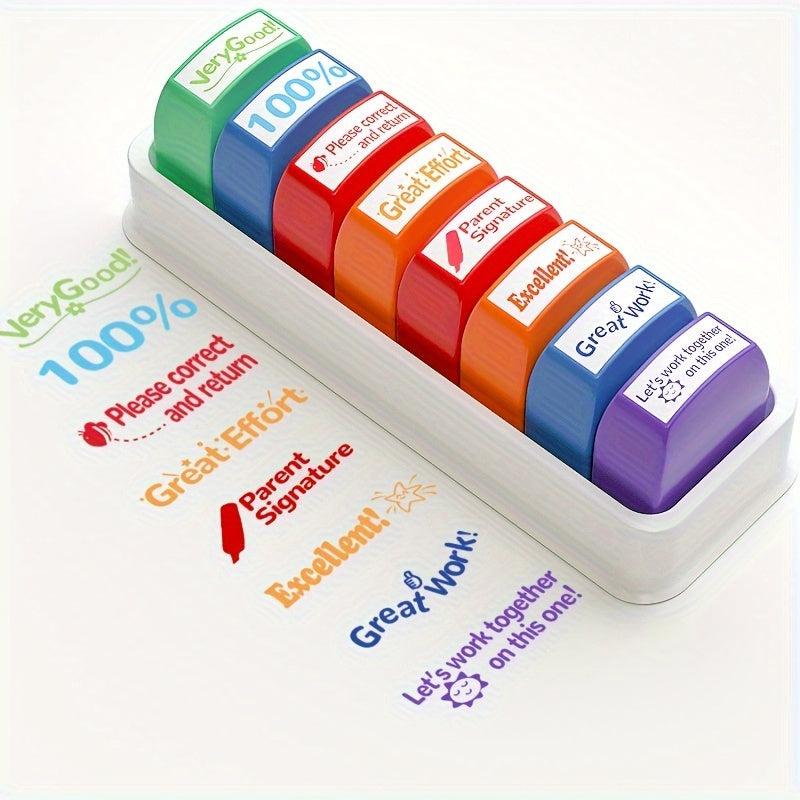 Classroom stamp set with storage tray, includes 8 stamps for grading and parent signatures.