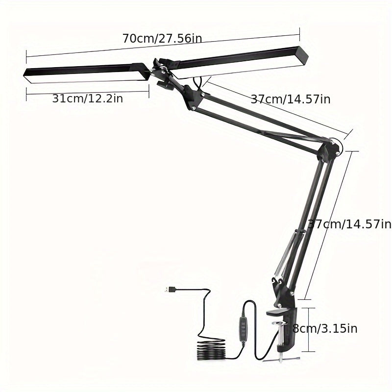 Ultra Wide Double Head LED Desk Lamp with Clamp, 3 Color Modes, 10 Stepless Dimmable, USB Powered