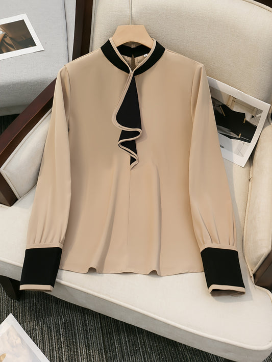 Women's beige blouse with black ruffle trim, contrast collar, long sleeve, made of polyester, machine washable, all-season chic top with tailored fit.