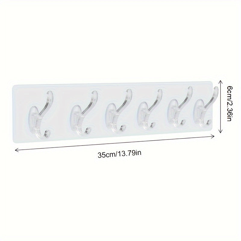 6-hook transparent adhesive wall mount hooks with fashionable design, easy no-drill installation, holds up to 20kg, includes crystal coat and cap holder for clothes, hats, bathroom, closet storage, and utility use.