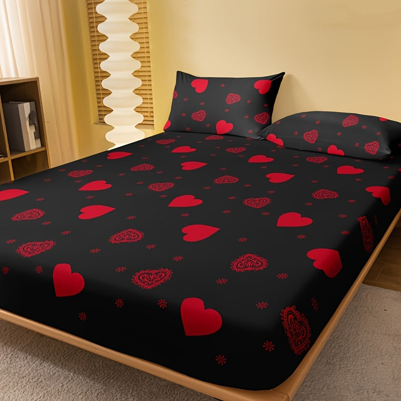 Brushed Fitted Sheet in Red Love Print, 1 Piece (Pillowcase Not Included). Soft and Comfortable Bedding Mattress Protector for Bedroom or Guest Room with Deep Pocket. Fitted Sheet Only.