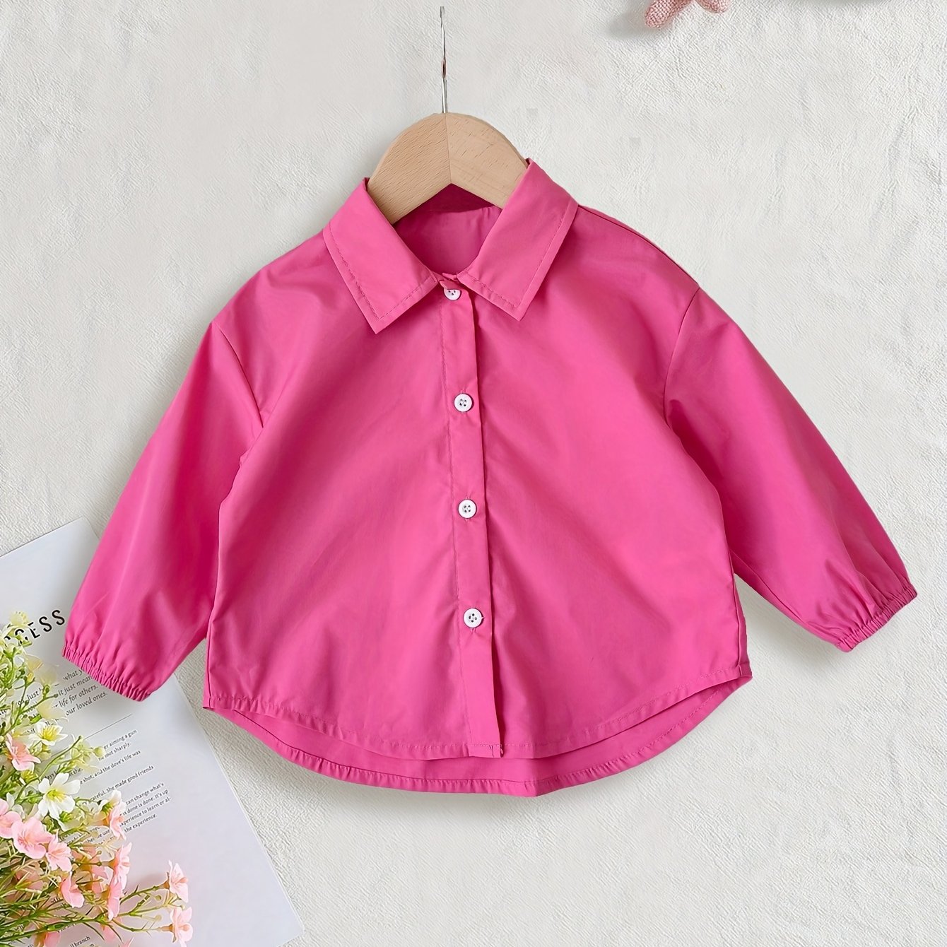 Pink button-up shirt jacket for girls made of casual polyester, ideal for spring/fall. Suitable for toddlers and kids.