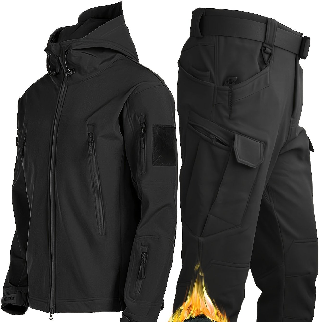 Men's Winter Outdoor 2pcs Set: Fleece Hooded Jacket & Pants with Multiple Pockets - Ideal for Hiking, Sports, or Father's Day.