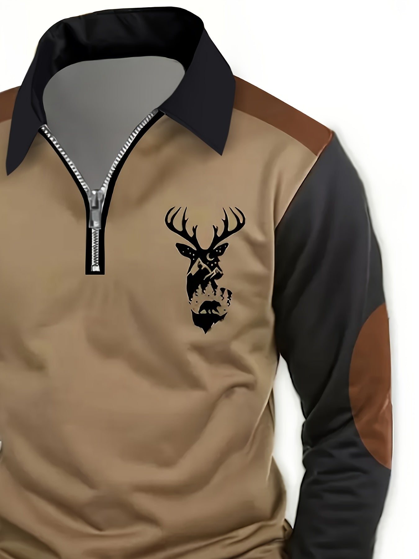 Men's Deer Print Golf Shirt - Long Sleeve Half-Zip Collared Outdoor Shirt in Black/Brown colors. Made of polyester and machine washable. Ideal for Fall/Winter leisure activities. Great gift