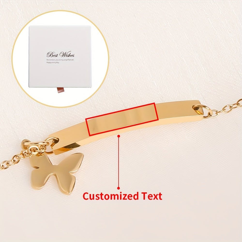 Customize your style with our Butterfly Bracelet featuring an engraving bar. Made from titanium alloy, this personalized jewelry piece is perfect for baptisms, anniversaries, birthdays, or any special occasion. Create a unique gift for her with a