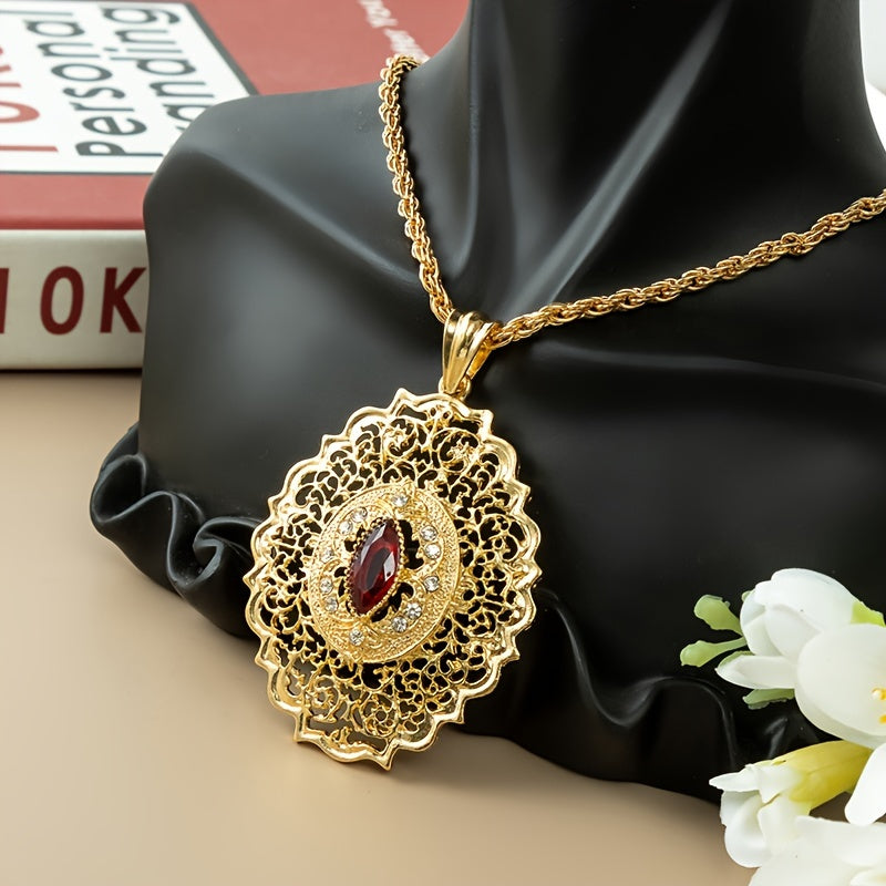 Bridal Jewelry Inspired by Moroccan Design- 18K Gold Plated Pendant Necklace with Vintage Style Hollow Pattern and Oval Synthetic Gemstones, 60cm Twisted Chain Perfect for Party, Wedding, Valentine's Day and Spring Season Events- Zinc Alloy Necklace.