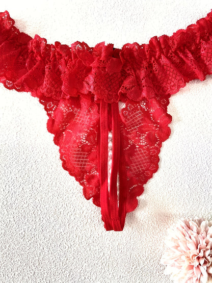 Sexy lace thongs with open crotch, bow mesh panties - hot lingerie for women.