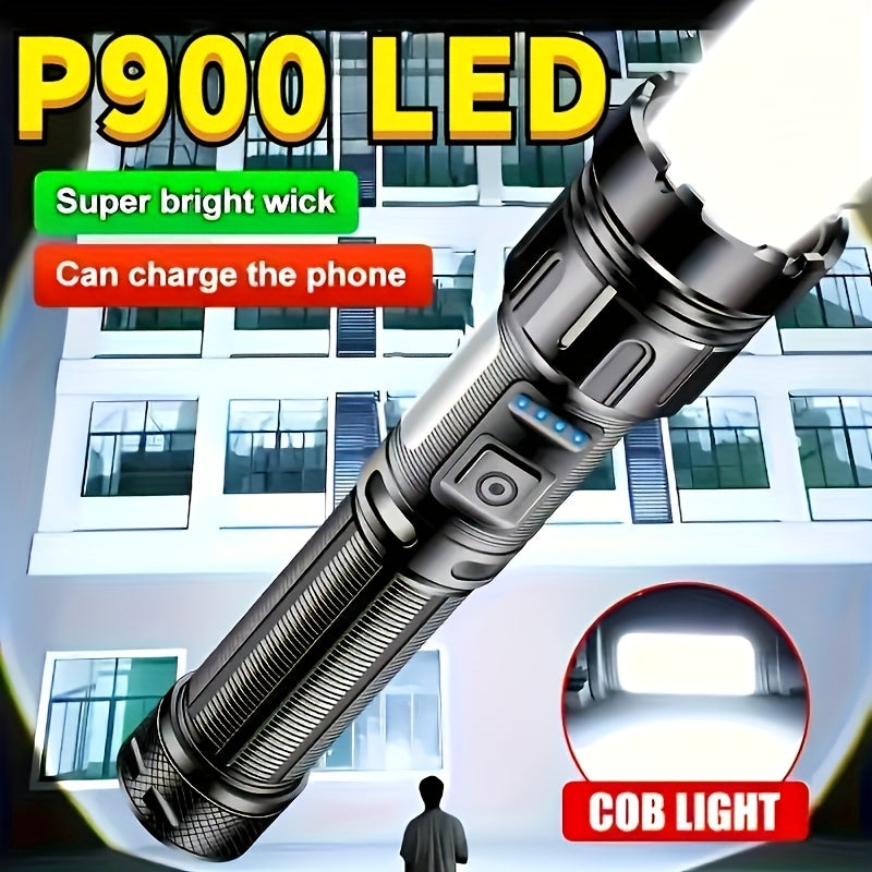 A USB rechargeable LED flashlight with COB work light, 7 brightness modes, 1200mAh lithium battery. Ideal for hiking, camping, and home use.