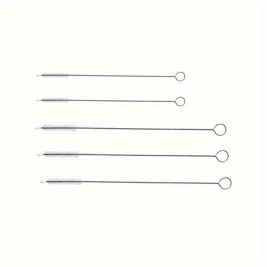 Set of 5 nylon soft brush heads designed for cleaning straws and tubes, featuring a flexible design. The brushes come with a reusable metal handle and are suitable for use in bathrooms and kitchens. They are known for their good toughness, easy bending