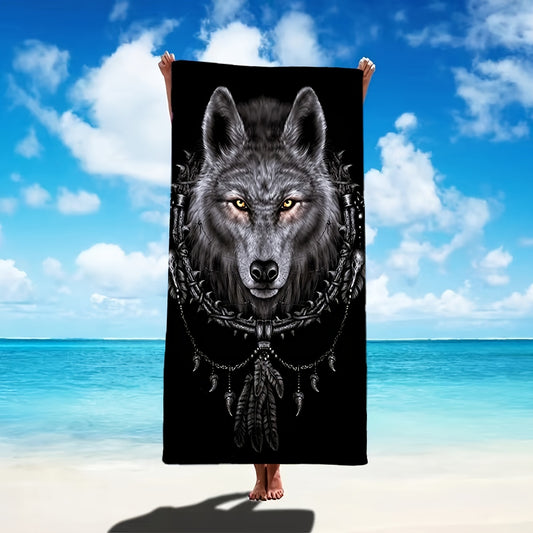 Wolf Dreamcatcher beach towel, 139.7 cm, modern style, ultrafine fiber, highly absorbent, multi-use for yoga, swimming, and camping.