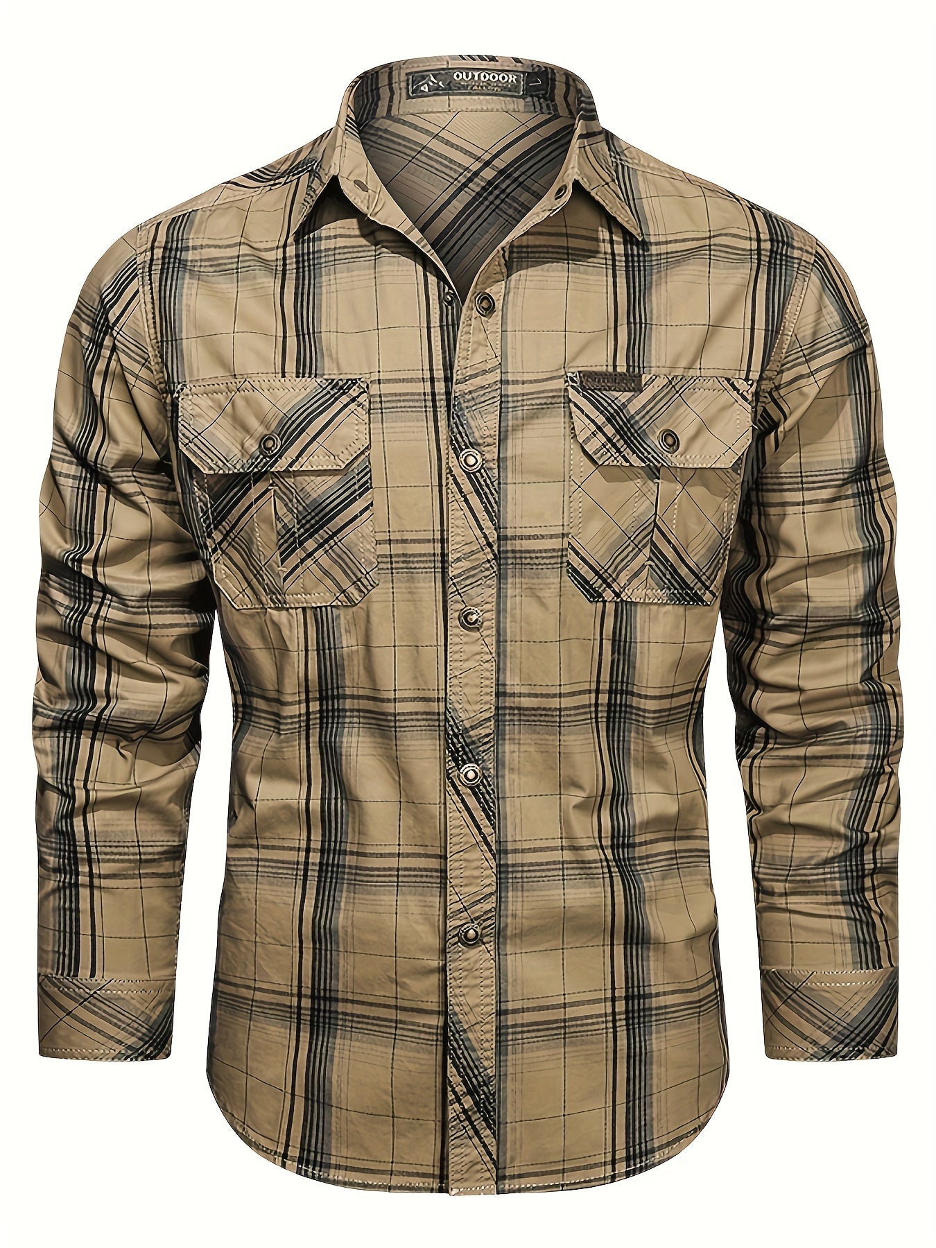 Men's Vintage Cotton Plaid Shirt with long sleeves, lapel collar, pockets, and solid color. Made of 100% non-stretch woven cotton fabric with a regular fit for the Spring/Fall season.