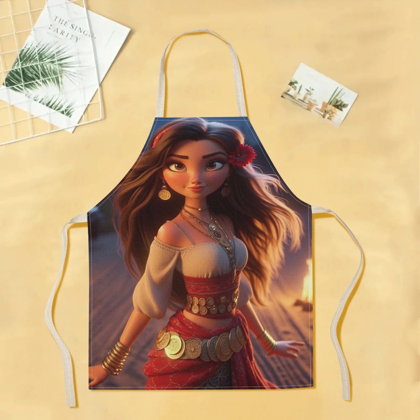 Waterproof apron featuring Disney's Elsa character, made from durable polyester with a vibrant floral pattern. Suitable for use in hotels, supermarkets, restaurants, fruit shops, milk tea stands, or at home.