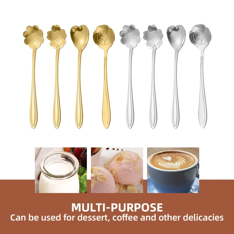 Set of 8 elegant stainless steel coffee spoons with a flower pattern; perfect for serving coffee and dessert. An ideal kitchen gift for coffee lovers, suitable for holidays such as Christmas, Halloween, Thanksgiving, Easter, and Hanukkah.