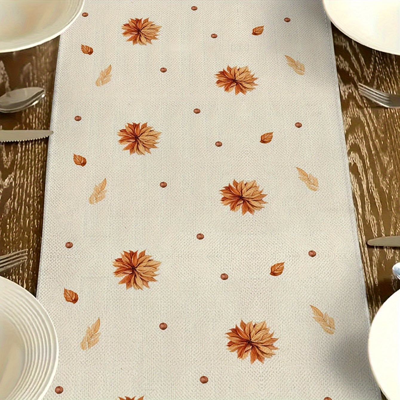 1 piece of Autumn Harvest Festival Linen Table Runner, 33.02cm x 182.88cm, Thanksgiving and Fall Season Decor, Pumpkin Design, Knit Fabric made of 100% Polyester. Ideal for Indoor and Outdoor Parties.