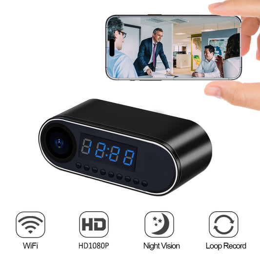 Mini camera clock with HD 1080P WiFi, night vision, wide-angle monitoring, and 64gb memory card for home security.