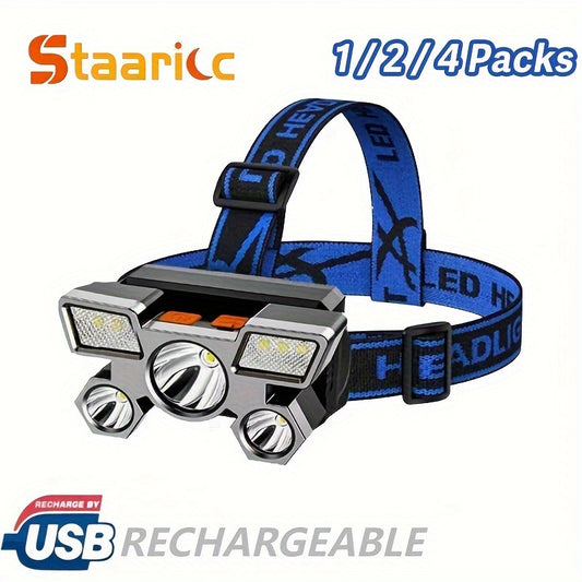 Staaricc 2/1 Pack Rechargeable LED Headlight with 5-Head and 4 Modes is a portable and water-resistant flashlight for outdoor activities.