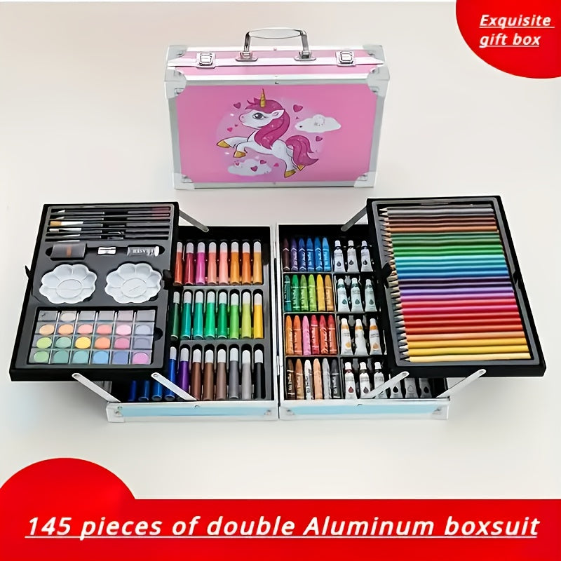 145-piece set of double-layer aluminum box paintbrushes in multiple colors, ideal as a watercolor brush painting art gift for winter and the new year.