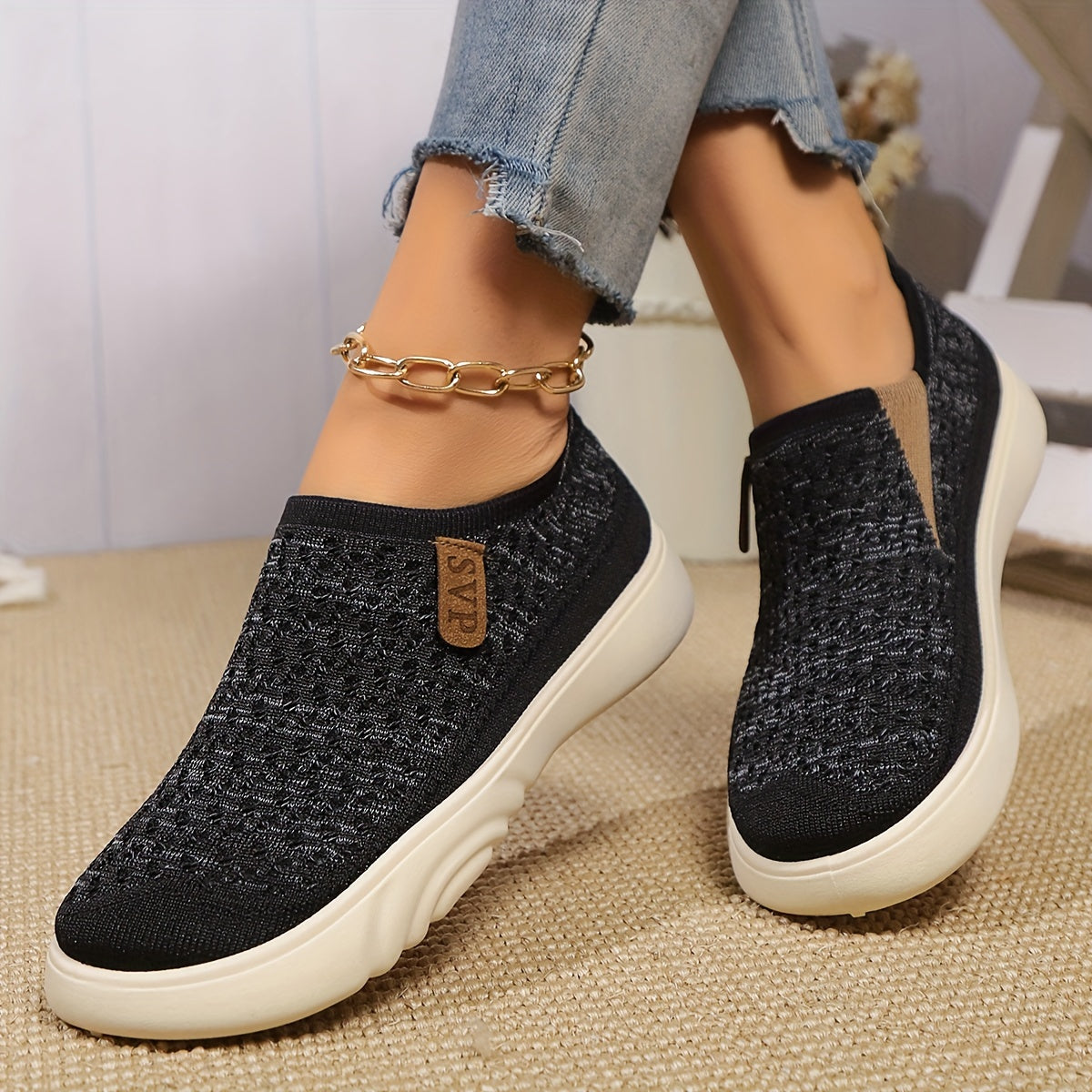 Breathable knit slip-on sneakers for women – lightweight, casual, non-slip thick sole shoes for all seasons.