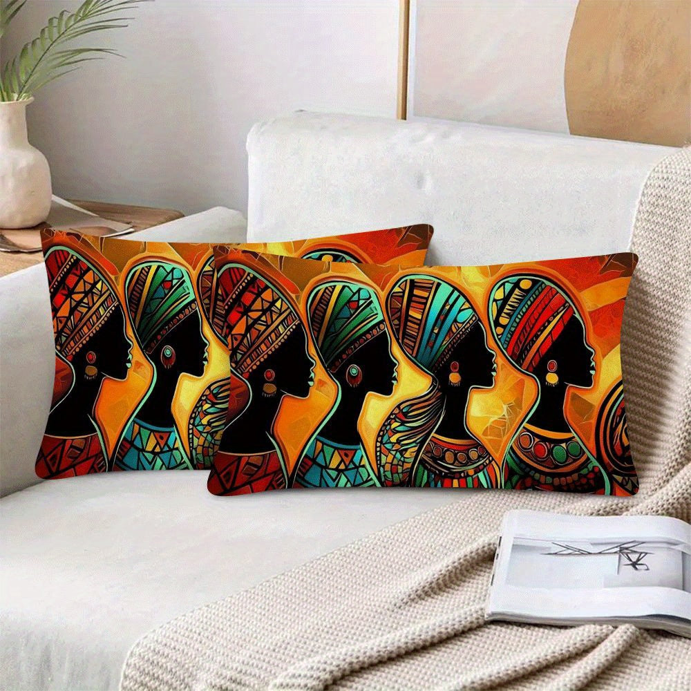 Two pieces of vintage African tribes abstract flannel cushion covers, measuring 50.8x30.48 cm. These covers are designed to be friendly for multi-position sleepers and are machine washable with a zipper closure. Ideal for use on the sofa, bed, or while