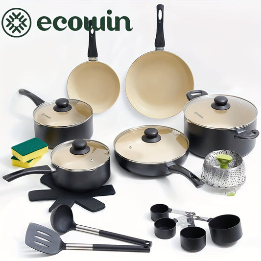 Introducing the Ecowin Nonstick Cookware Set: 22 Piece Granite Coated Pots and Pans Collection. This set includes a variety of essential cookware such as a frying pan, saucepan, stock pot, and deep frying pan. Each piece is induction compatible and free