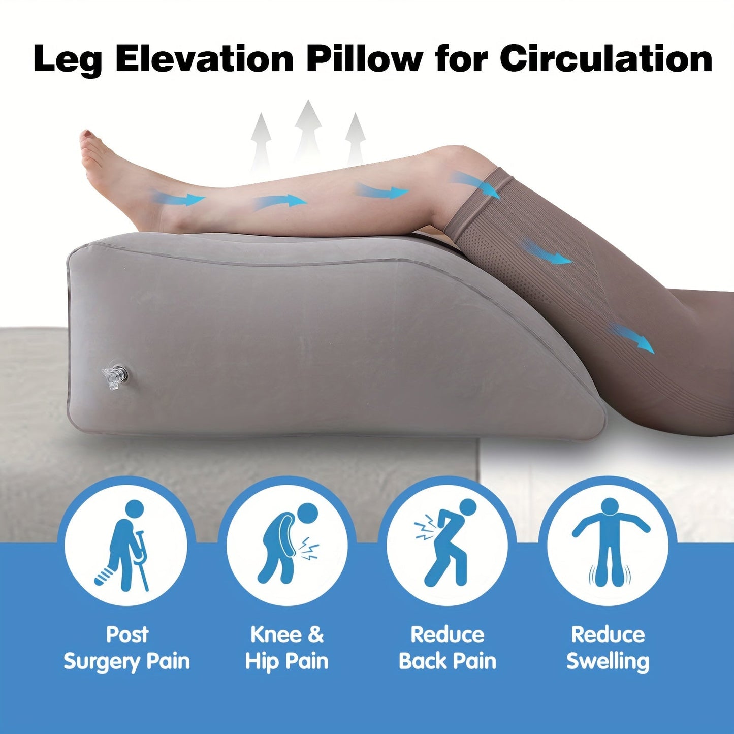 Elevate your legs with the Inflatable Leg Elevation Pillow to improve circulation and reduce swelling. This pillow is stain-resistant, with a medium soft firmness and non-textile cover. Ideal for post-surgery recovery, knee, and back pain relief. Spot