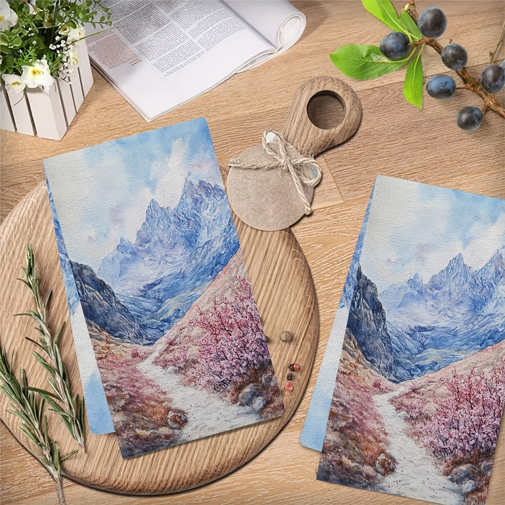 2 pieces of Ultra Soft Kitchen Towels, Featuring the Enchanting Beauty of a Blooming Mountain Pass, Highly Absorbent Dish Hand Towels for Holiday Decor, Machine Washable, Size 16x24 Inches - Model Number 2KYSYS1218410