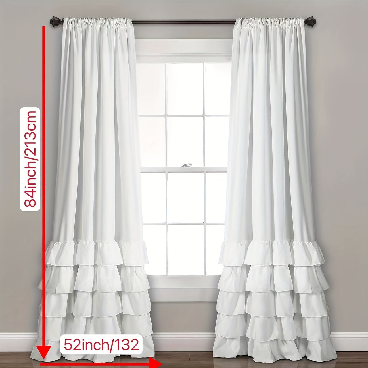 Two heavy-duty pleated lace window curtains for living room decoration. Each curtain measures 132.08cm wide by 213.36cm tall.