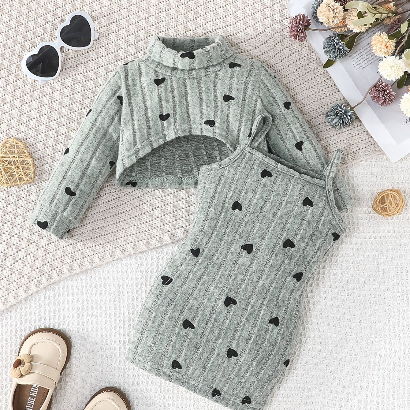 Baby Girl Outfit Set: Rib Knit Dressy Style with Geometric Pattern. Includes Long Sleeve Top with Heart Print and Slim Fit Camisole Dress Combo made of Polyester & Spandex. Perfect for