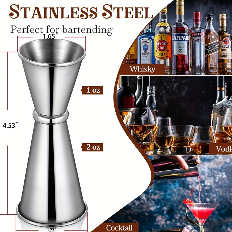 1pc double cocktail jigger, 2 oz/1 oz capacity, made of 304 stainless steel for bartending and home bar use. Silvery.