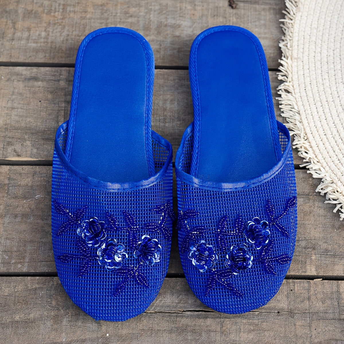 Women's Fashion Beaded Floral Slides - Lightweight Summer Indoor Shoes with Breathable Mesh, Almond Toe & EVA Sole