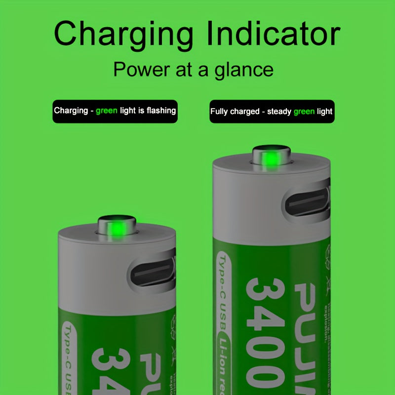 PUJIMAX 1.5V AA 3400mWh Rechargeable Batteries available in sets of 2, 4, or 8 with fast Type-C charging and long-lasting power for electronics. Features green battery design and durability.