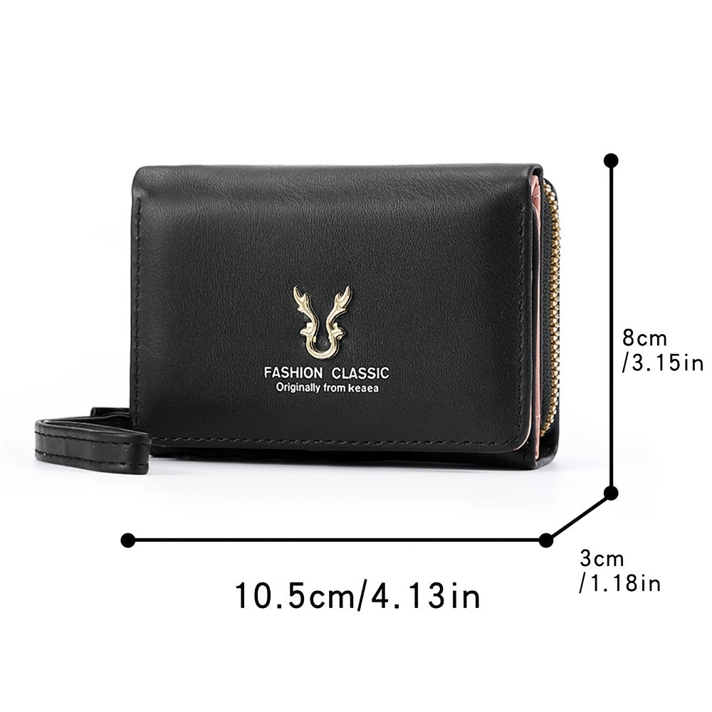 Small women's wallet with short zipper, three folds, multiple slots, and ample space, suitable for use as a handbag.