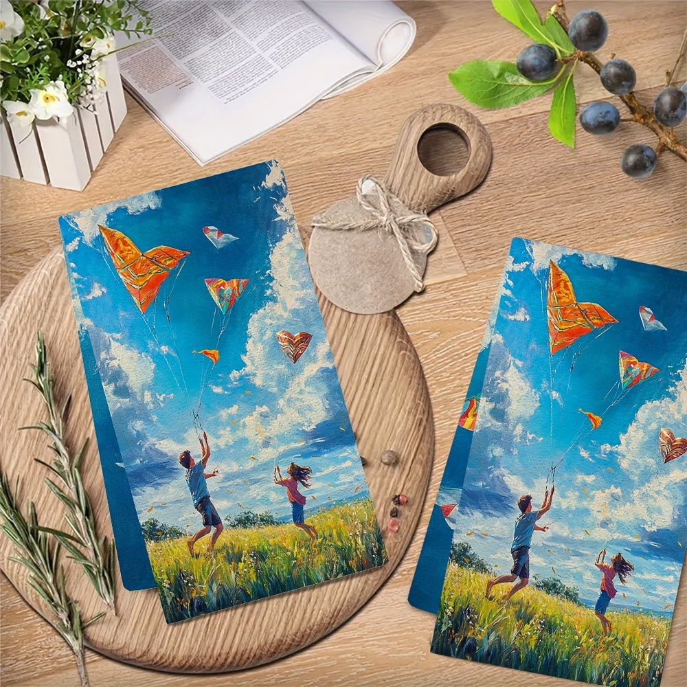 Set of 2 Ultra Soft Kitchen Towels featuring a charming scene of a couple flying colorful kites in a large open field. The kites are in various shapes, including a heart-shaped one. The couple is running around joyfully, trying to get their kites higher