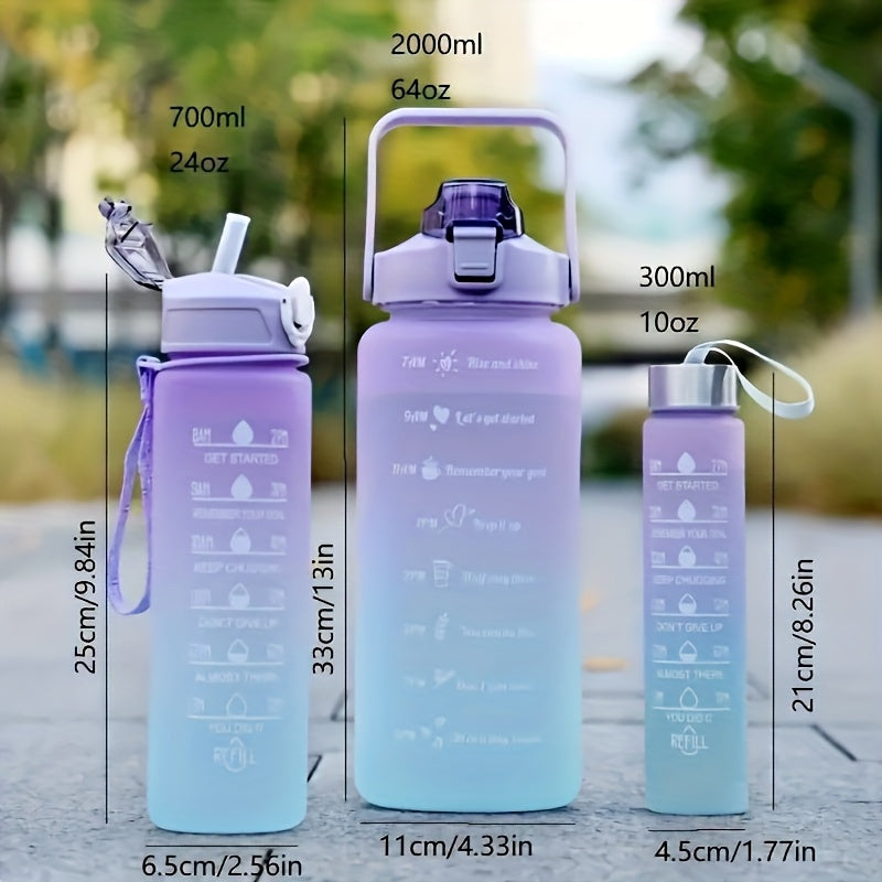 300ml/750ml/2L Gradient Color Frosted Water Bottles with straw, leak-proof design. Ideal for outdoor activities.