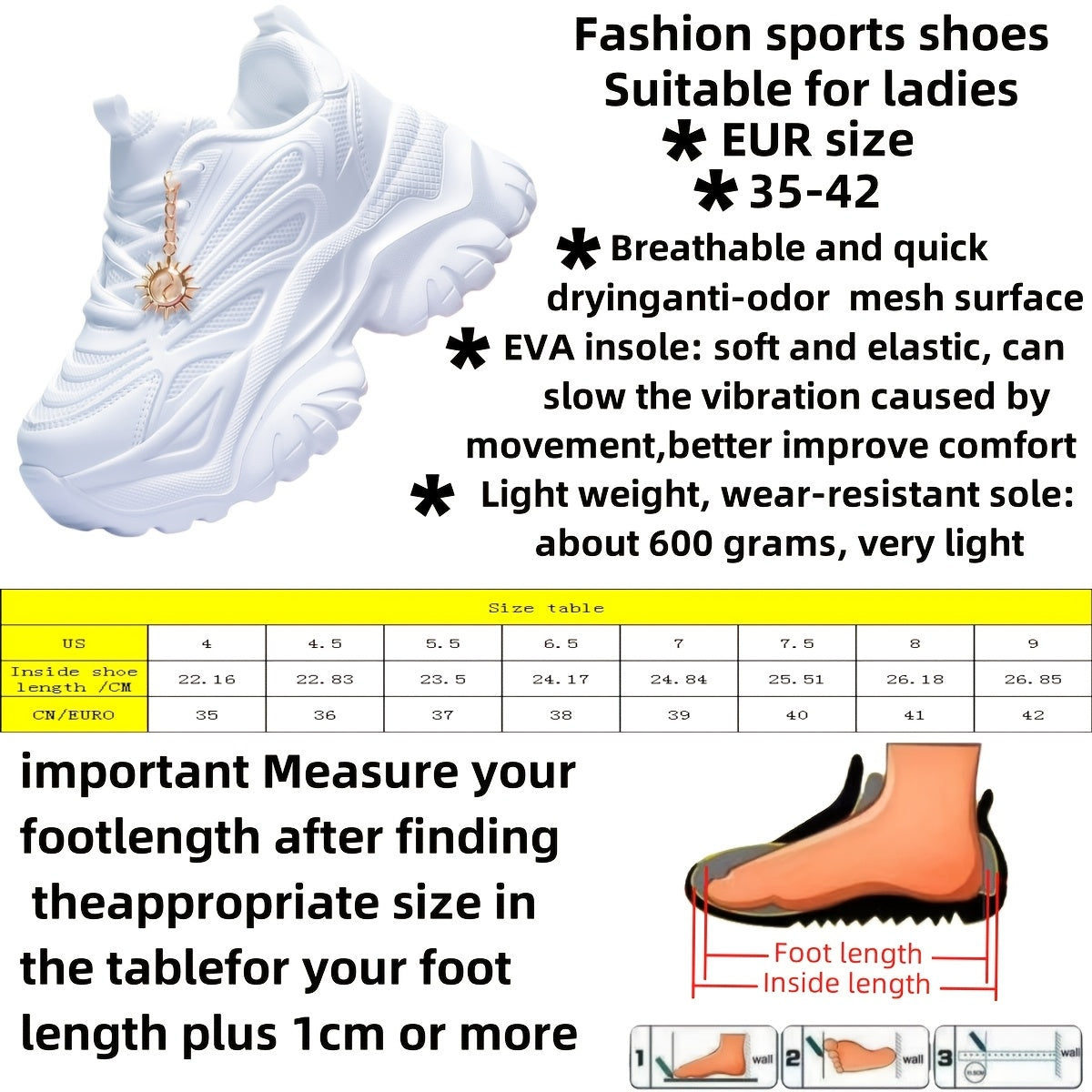 Women's trendy fashion sneakers with breathable mesh, EVA sole, non-slip wedge platform, 6cm height increase, and solid color fabric upper and inner.