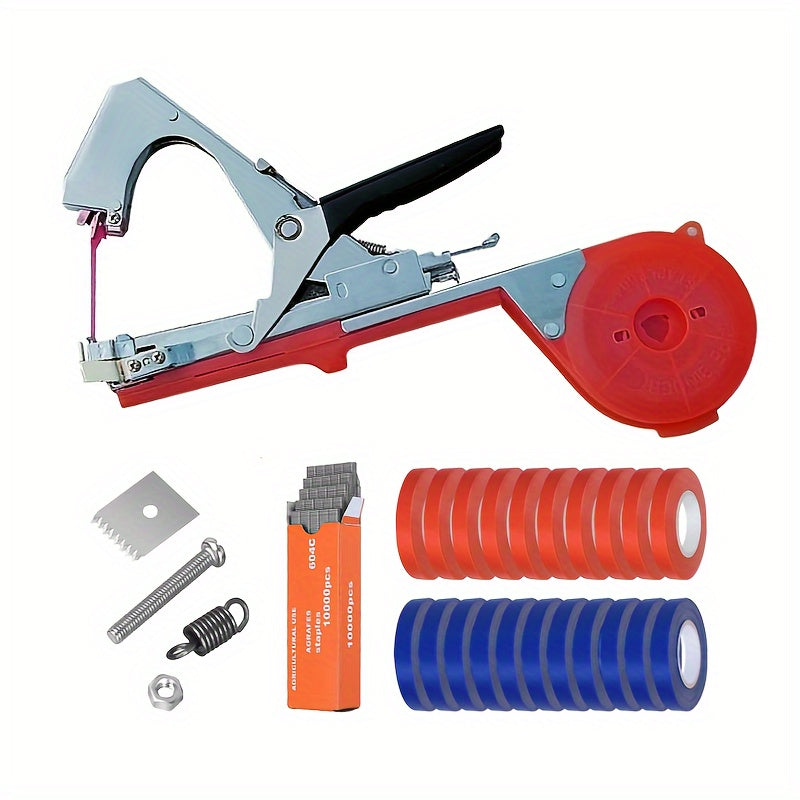 1 Set Plant Tying Machine Tool for Grapes, Raspberries, Tomatoes, and Vine Vegetables with Tapes, Staples, and Replacement Blades.