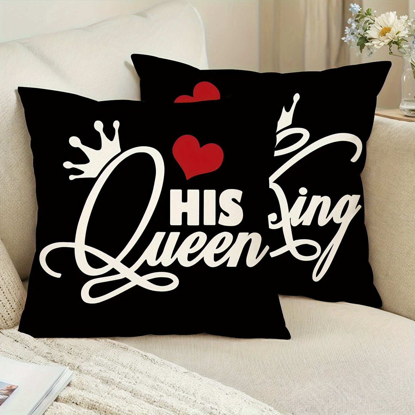 2pcs Lovers Theme Throw Pillow Covers featuring Hearts and Crowns print, 45.72cm x 45.72cm. Ideal gifts for wedding anniversary home decor. Suitable for porch, patio, couch, sofa, living room, or outdoor use. Pillow inserts not included.