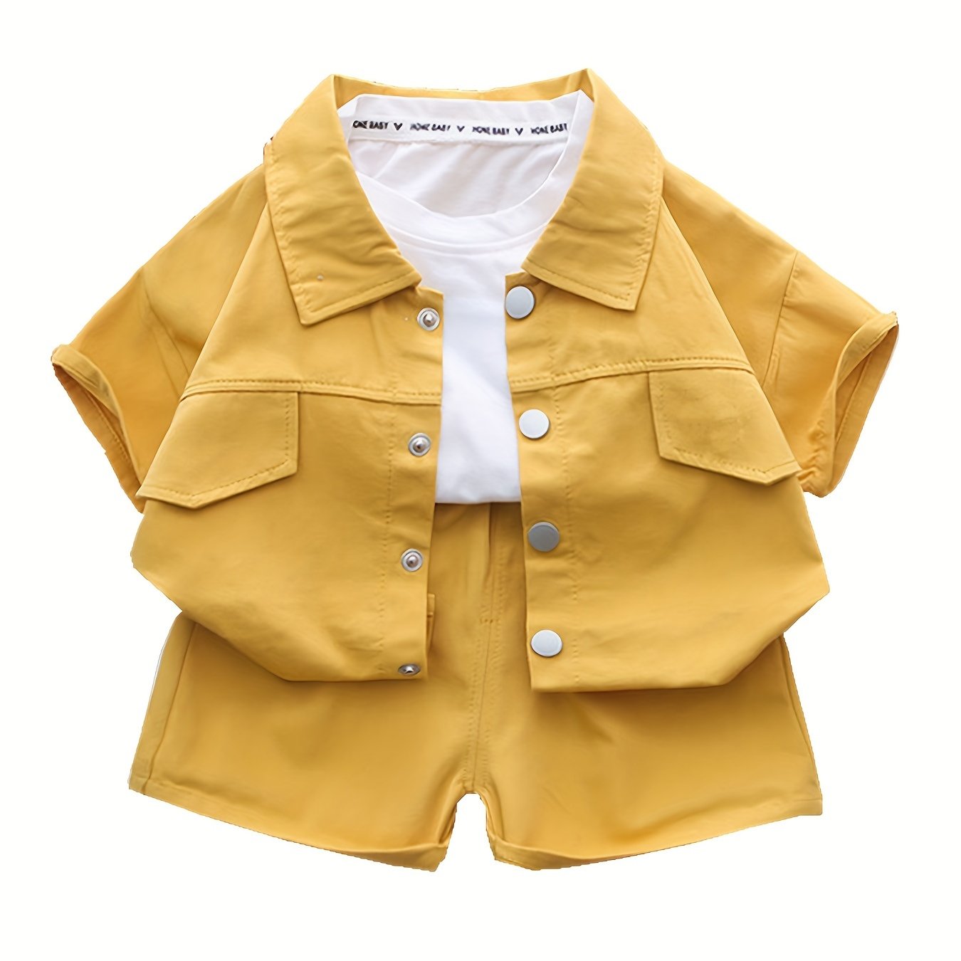 Boy's summer cotton shirt set with button-up lapel shirt and logo shorts.