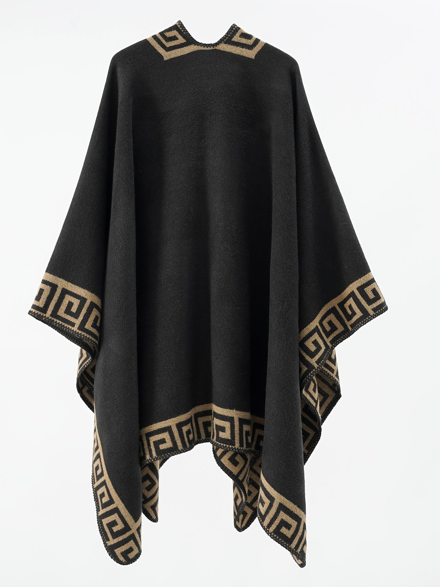 Cozy split shawl with geometric print for plus size women, ideal for fall and winter.