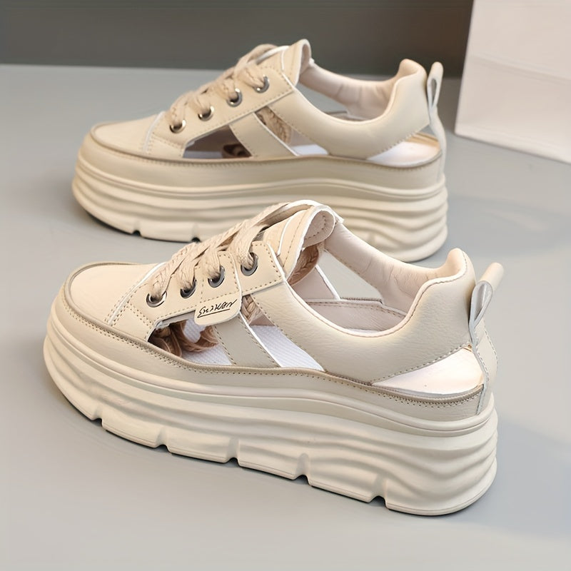 Summer 2024 Women's Breathable Cut-Out Sneakers with Hidden Height Increase, White.