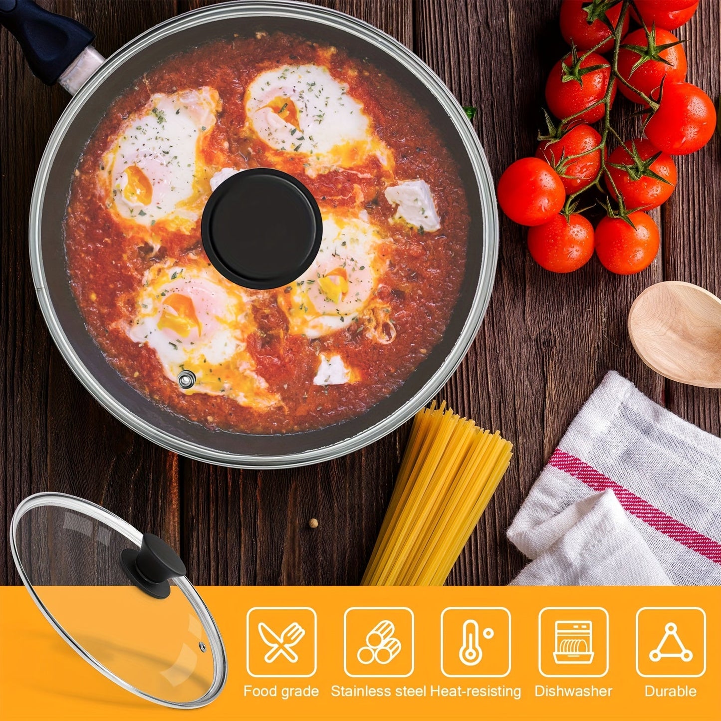 Clear Universal Glass Lid in Transparent Color, suitable for Frying Pan, Flat Bottom Pot, and Cast Iron Pot, available in sizes 10in/25.3cm, 13in/33cm, 12.2in/31cm, and 14.5in/36.8cm.