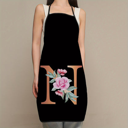 Women's flower and letter printed polyester apron - waterproof, thickened, and cute for household and kitchen use.