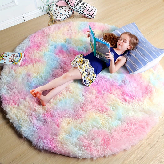 Fluffy Rainbow Rug - Colorful Tie Dye Mats - Cute Floor Rug for Kids - Plush Round Play Mat - Soft Area Rugs - Cozy Carpet for Bedroom, Living Room, or Children's Room - Home Decor - Sizes Available: 39.3in, 47.2in, 162.9in