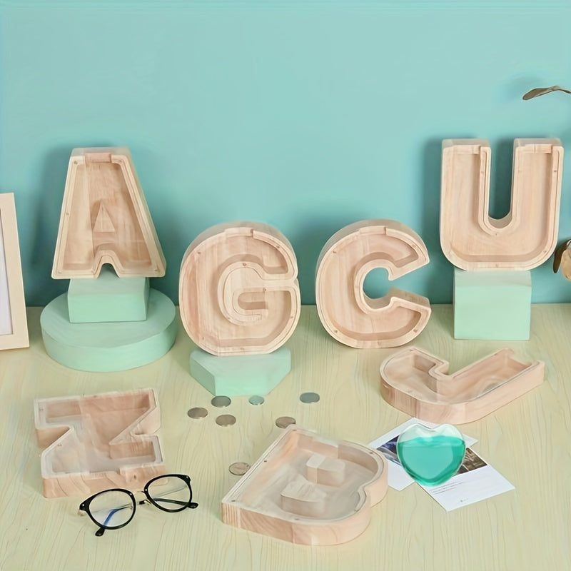 Unique personalized wooden alphabet letter jar with 26 creative A-Z letters. Transparent design, perfect for birthday gifts, home decoration, or as a fun and functional present for a best friend. Ideal for holiday gifts.