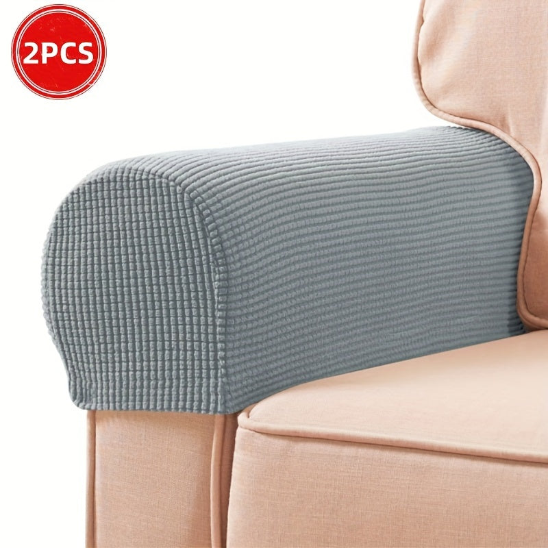 2 Stretch Armrest Covers made of durable spandex blend with plush texture. Scratch & dust resistant, and machine washable. Fits single to four-seater sofas & recliners in various colors.