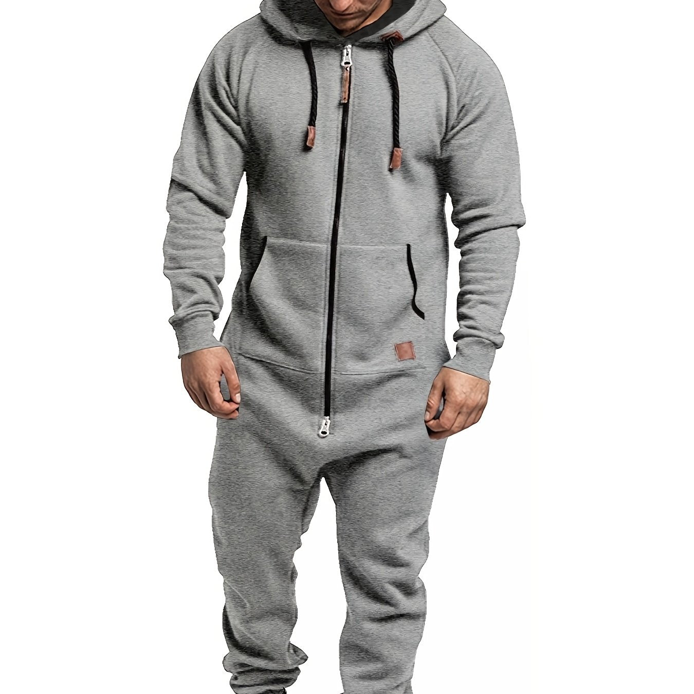 Men's beige polyester jumpsuit with hood, long sleeves, zip-up front, and pockets, suitable for machine washing in autumn and winter.