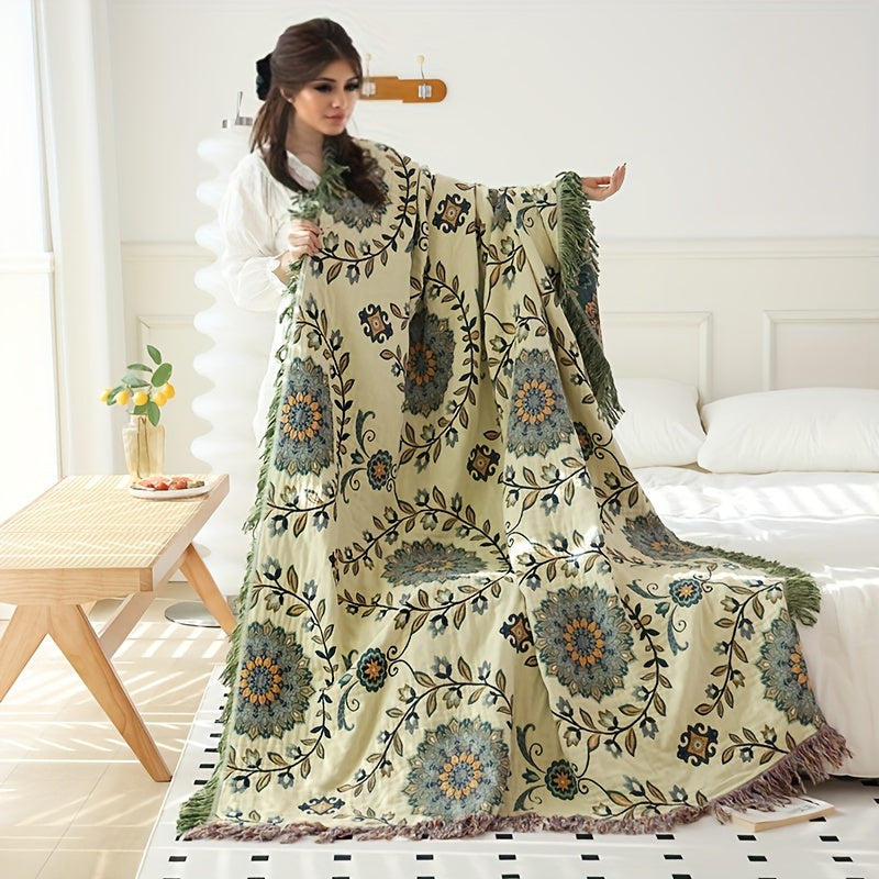 1 piece of soft cotton multi-layer gauze throw blanket featuring a tassel flower and leaf pattern. This versatile blanket can be used as a sofa towel, air conditioning blanket, summer cooling quilt, or a multi-function blanket. It is double-sided