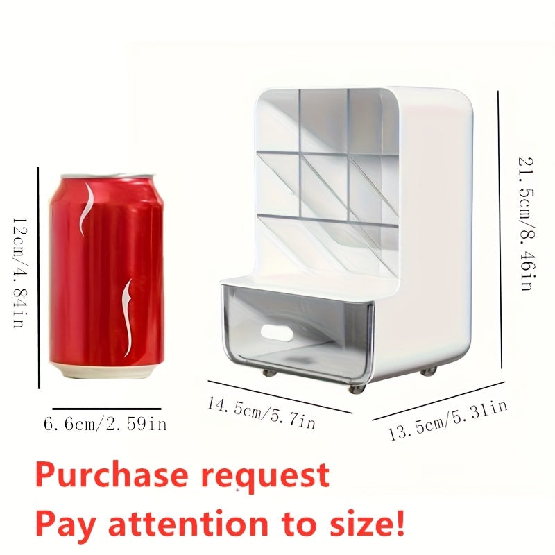 Large capacity plastic desk organizer with drawer for stationery and accessories. Can support pens, notes, and more.