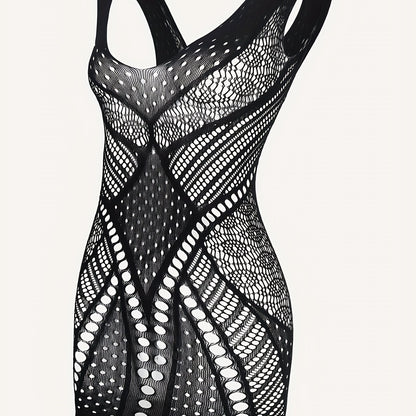 Sultry see-through mesh dress with plunging neckline, perfect for sexy lingerie or underwear.