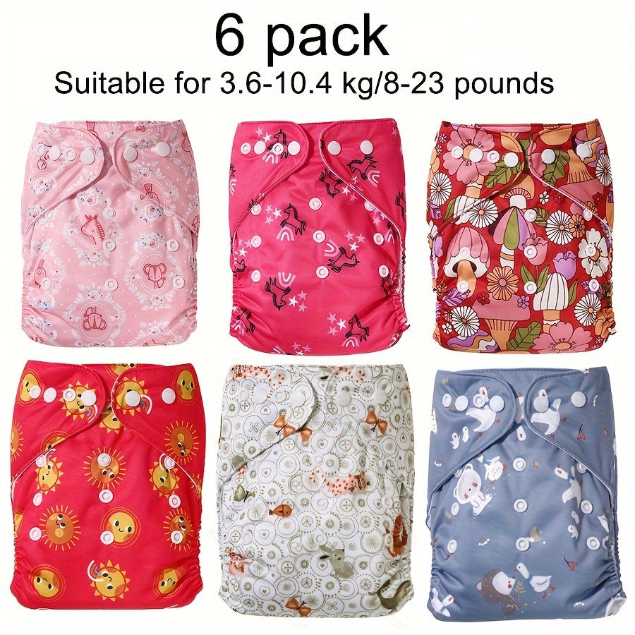 BooBee 6-Pack of Reusable Cloth Diapers - Adjustable and Washable Polyester Covers in a Variety of Patterns. The Perfect Gift for Christmas, Halloween, or Thanksgiving! Fits Babies Weighing 3.63-10.43 KG.